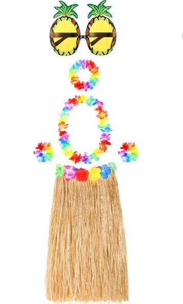 Hawaii Parti Kostüm Seti - 60 cm Hasır Etek, Çiçekli Aksesuarlar ve Ananas Gözlük (5358) - Resim 2
