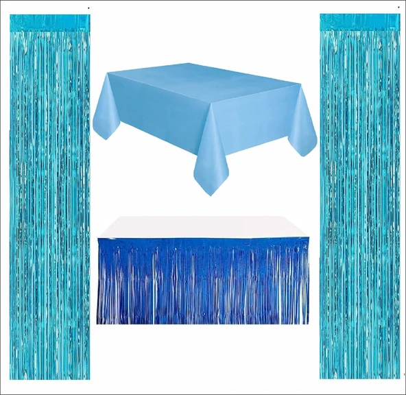 Mavi Masa Örtüsü, Lacivert Masa Eteği, 2 Adet Mavi Arka Fon ürün görseli 1