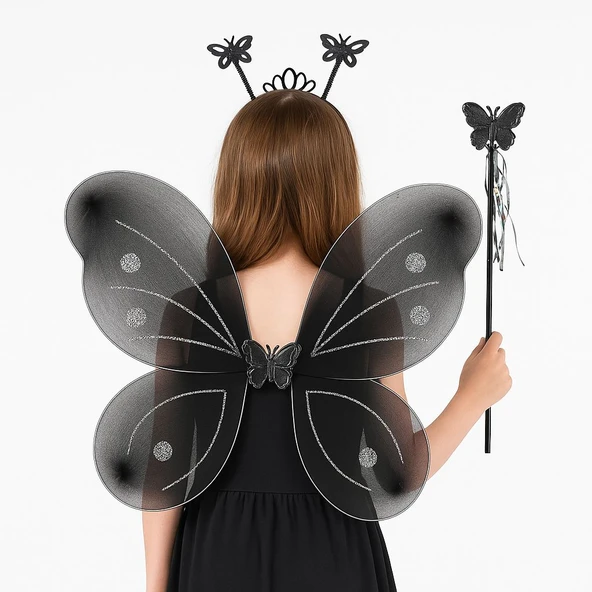 Siyah Kelebek Kız Seti – 50 cm Kelebek Kanadı, Taç ve Asa (5358) ürün görseli