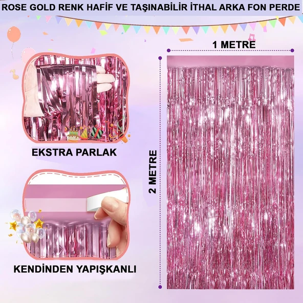 Rose Gold Renk Ekstra Metalize Parlak Saçaklı Arka Fon Perde İthal A Kalite 1x2 Metre (5358) ürün görseli 1