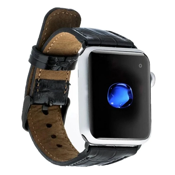 Apple Watch Uyumlu Deri Kordon 42-44-45mm Kroko Siyah - Resim 5