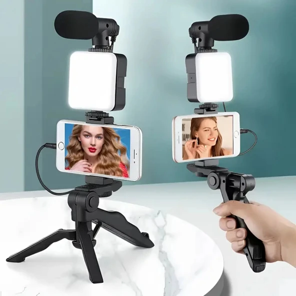 ShopyTech 5i 1 Arada Mikrofonlu LED Işıklı Vlog Kiti Tabanca Tutuşlu Masaüstü Tripod & Selfie Stick|Telefon/Kamera Uyum - Resim 6