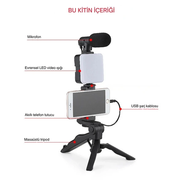 ShopyTech 5i 1 Arada Mikrofonlu LED Işıklı Vlog Kiti Tabanca Tutuşlu Masaüstü Tripod & Selfie Stick|Telefon/Kamera Uyum - Resim 2