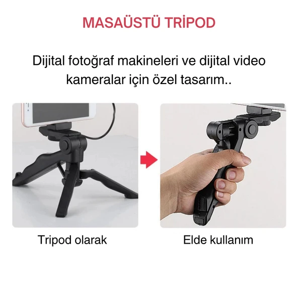 ShopyTech 5i 1 Arada Mikrofonlu LED Işıklı Vlog Kiti Tabanca Tutuşlu Masaüstü Tripod & Selfie Stick|Telefon/Kamera Uyum - Resim 5