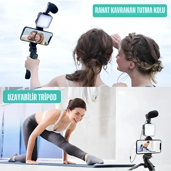 ShopyTech 5i 1 Arada Mikrofonlu LED Işıklı Vlog Kiti Tabanca Tutuşlu Masaüstü Tripod & Selfie Stick|Telefon/Kamera Uyum - Resim 8