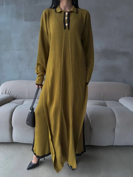 BİÇOMİ Pantolon yırtmaçlı elbise ikili triko takım yeşil elf - Resim 2