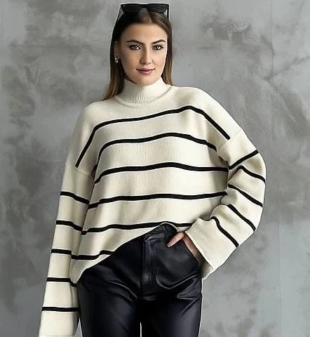 Çizgili ispanyol kol triko boğazlı kazak beyaz elf - Resim 3