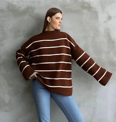 Çizgili ispanyol kol triko boğazlı kahve beyaz elf ürün görseli
