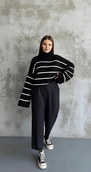 Çizgili ispanyol kol triko boğazlı kazak siyah elf - Resim 3