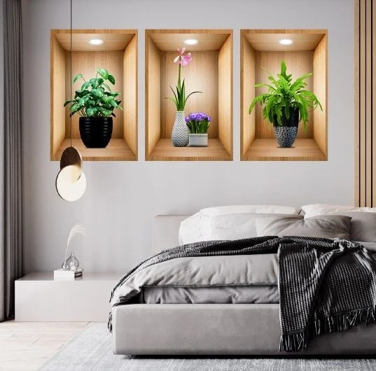 3D Çiçek Vazo Duvar Sticker 3 lü Set Kahverengi Fon - Resim 4