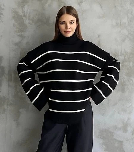 Çizgili ispanyol kol triko boğazlı kazak siyah elf ürün görseli 1
