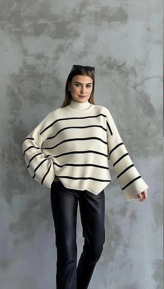 Çizgili ispanyol kol triko boğazlı kazak beyaz elf - Resim 2