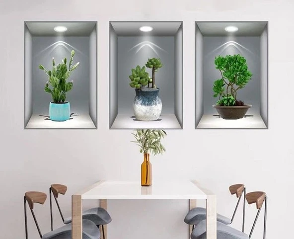 3D Çiçek Vazo Duvar Sticker 3 lü Set GRİ Fon - Resim 2