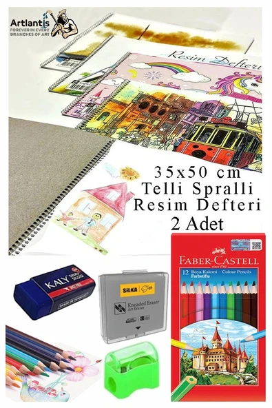 12 Renk Kuru Boya 35x50 cm Telli Spralli Resim Defteri Hamur Silgi Kalemtraş 15 Yaprak Resim Defteri Kuruboya Kalemi ürün görseli