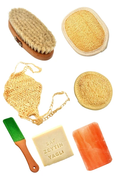 7'li Kişisel Bakım ve Banyo Seti (Kabak Lif + Sabun + At Kılı Fırçası + Tuz Sabunu + Topuk Törpüsü) ürün görseli