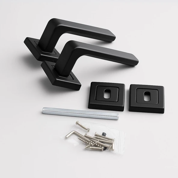 Oda Kapı Kolu Seti Kare Rozetli Sessiz Mekanizma Uyumlu Şık İç Kulp Takımı Mat Siyah Modern - Resim 4