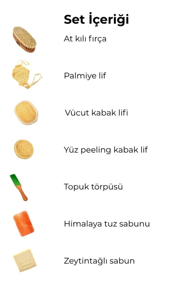 7'li Kişisel Bakım ve Banyo Seti (Kabak Lif + Sabun + At Kılı Fırçası + Tuz Sabunu + Topuk Törpüsü) - Resim 2