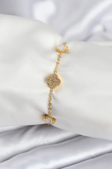 316L Çelik Gold Renk Beyaz ve Zirkon Taşlı Baby Boy Yonca Kadın Bileklik - TJ-BB7955 ürün görseli 1