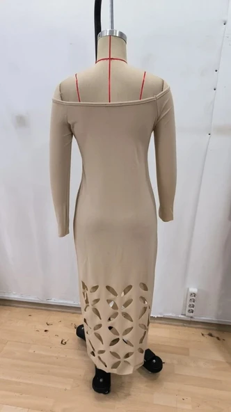 MDB Kadın Madonna Yaka Uzun Kollu Lazer çiçek Kesim Detaylı Uzun Ithal Krep Elbise - Resim 5