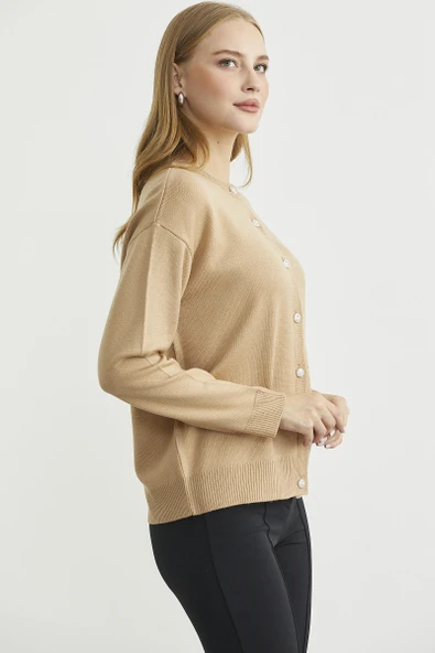 Düğme Detaylı Sıfır Yaka Triko Hırka - Kamel - Resim 5