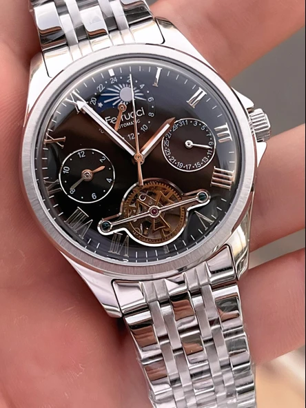 Ferrucci Otomatik Ve Kurmalı Güneş Ve Mehtap Kadranlı Çelik Kordonlu Erkek Kol Saati BFC.03606.5 - Resim 4