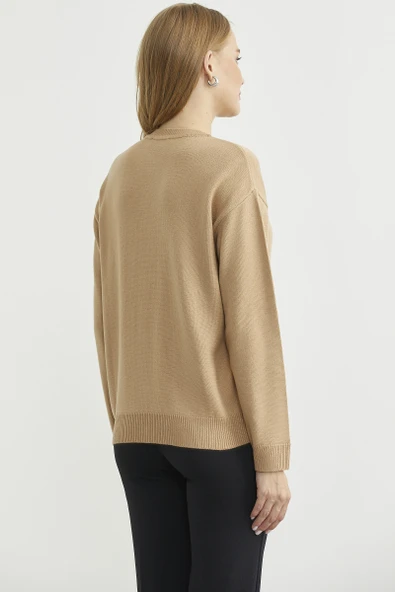 Düğme Detaylı Sıfır Yaka Triko Hırka - Kamel - Resim 6