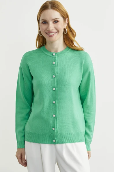 Düğme Detaylı Sıfır Yaka Triko Hırka - Yeşil - Resim 4