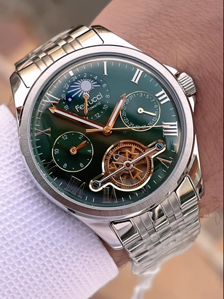 Ferrucci Otomatik Ve Kurmalı Güneş Ve Mehtap Kadranlı Çelik Kordonlu Erkek Kol Saati BFC.03606.2 - Resim 2