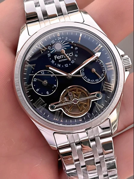 Ferrucci Otomatik Ve Kurmalı Güneş Ve Mehtap Kadranlı Çelik Kordonlu Erkek Kol Saati BFC.03606.1 - Resim 4