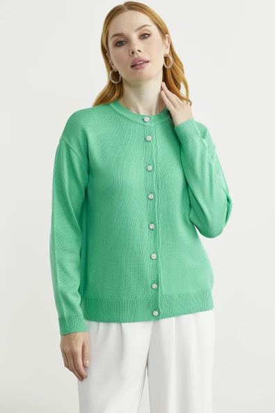 Düğme Detaylı Sıfır Yaka Triko Hırka - Yeşil - Resim 3