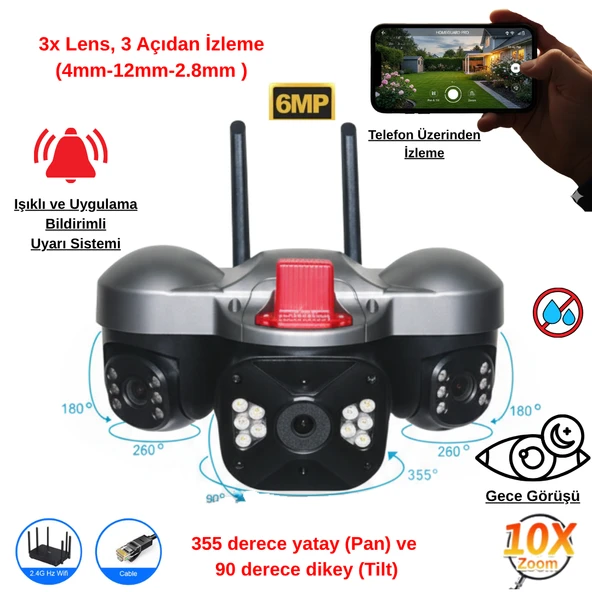 Apronx 6MP Wi-Fi Kamera | 3 Lens Üçlü Görüş PTZ Güvenlik Kamerası | Dış Mekan | Gece Renkli Görüş ürün görseli