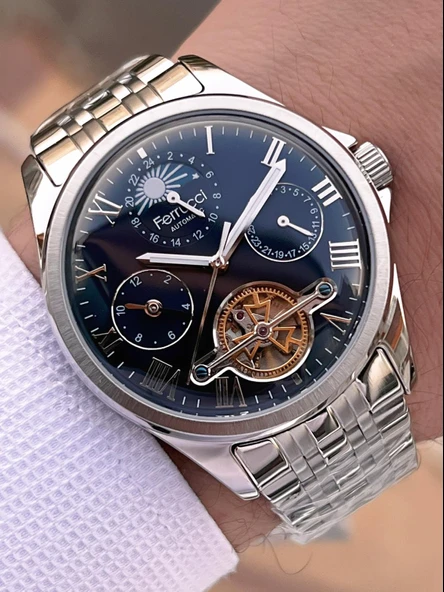 Ferrucci Otomatik Ve Kurmalı Güneş Ve Mehtap Kadranlı Çelik Kordonlu Erkek Kol Saati BFC.03606.1 - Resim 2