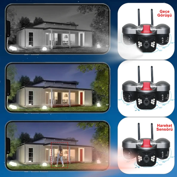 Apronx 6MP Wi-Fi Kamera | 3 Lens Üçlü Görüş PTZ Güvenlik Kamerası | Dış Mekan | Gece Renkli Görüş - Resim 2