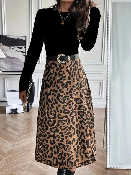 MDB Kadın Uzun Kollu Bisiklet Yaka Ithal Krep Bluz Alt Desenli Modal Midi Elbise - Resim 2