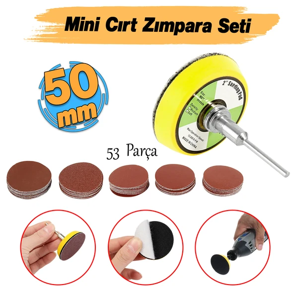 Pimli Mini 53'lü Cırt Zımpara Seti 50 mm Taban Matkap Uyumlu 80 120 320 600 800 Kum Karışık Grit - Resim 2