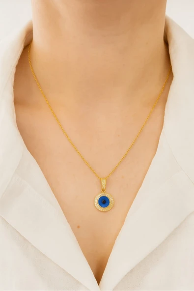 Zirkon Taşlı Nazar Boncuğu Figürlü Paslanmaz Çelik Kolye ürün görseli