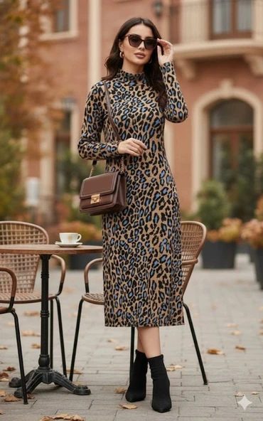 MDB Kadın Uzun Kollu Balıkçı Yaka eopar Desenli idi Boy Elbise ürün görseli 1