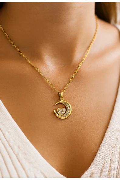 Altın Kaplama Ay ve Kalp Figürlü Zirkon Çelik Kolye ürün görseli 1