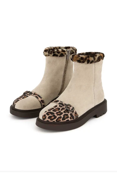 Leopar Detaylı Bej Hakiki Deri Kadın Bot ürün görseli