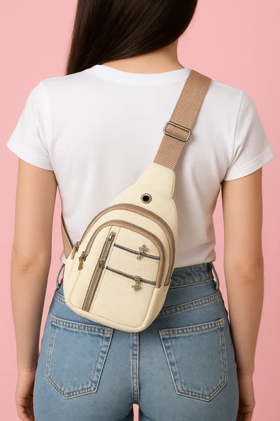 Bej Kanvas Mini Göğüs ve Sırt Çantası ürün görseli