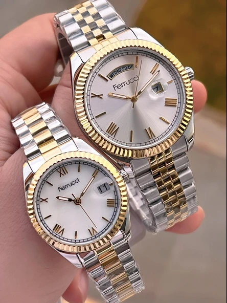 Ferrucci Çiftlere Özel Çelik Kordon Takvimli Kadran Sevgili Kombini Özel Çift Saati CFT.13029C01 ürün görseli