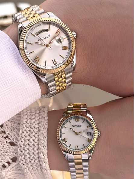 Ferrucci Çiftlere Özel Çelik Kordon Takvimli Kadran Sevgili Kombini Özel Çift Saati CFT.13029C01 - Resim 3