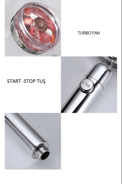 Turbo Duş Başlığı Su Tasarruflu 360 Hareketli Pervaneli Tazyikli Tuşlu Duş Başlığı (5365) - Resim 5