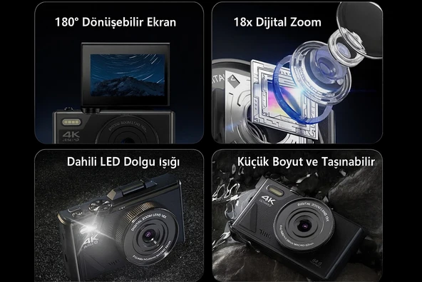 5K UHD 75 MP Dijital Kamera 18X Zoom Retro Tasarım Vlog & Seyahat Fotoğrafçılığı (Siyah) - Resim 5