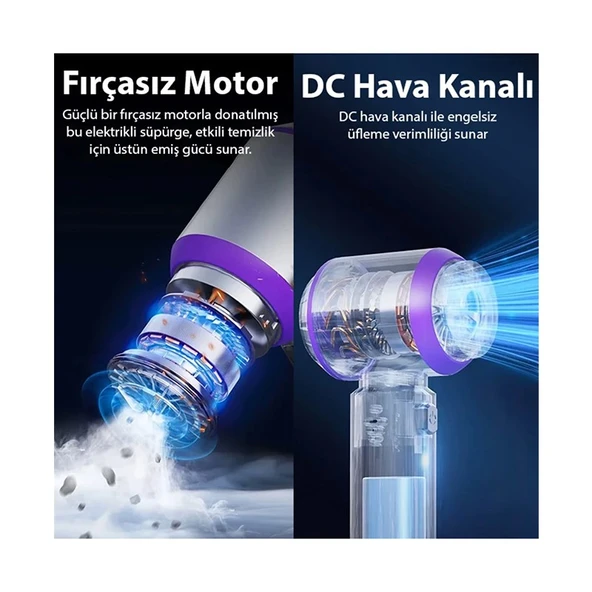 Ezere 17000PA Güçlü Dijital Göstergeli Vakumlu Kablosuz Üflemeli Mini Araç SÜPÜRGESI-(1903) - Gümüş - Resim 7