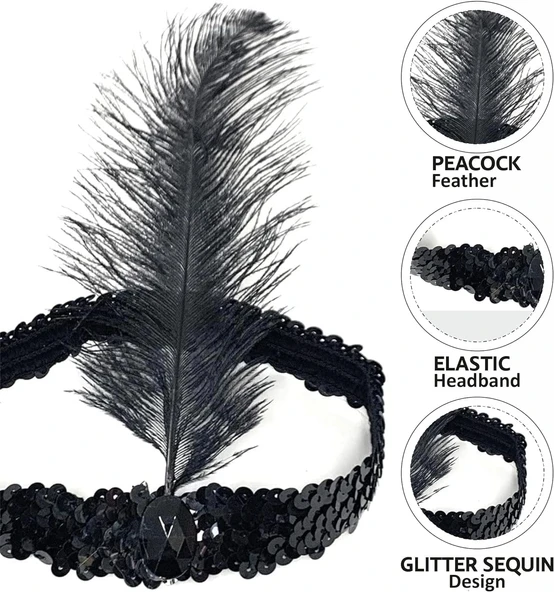 Siyah Renk Tüylü Çarliston Saç Bandı Kafa Bandı (5365) - Resim 3