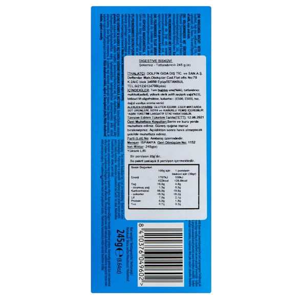 Gullon Şekersiz Digestive Tatlandırıcılı Bisküvi 245 G - Resim 2