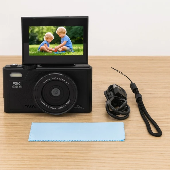 5K UHD 75 MP Dijital Kamera 18X Zoom Retro Tasarım Vlog & Seyahat Fotoğrafçılığı (Siyah) ürün görseli