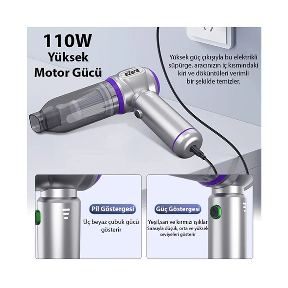 Ezere 17000PA Güçlü Dijital Göstergeli Vakumlu Kablosuz Üflemeli Mini Araç SÜPÜRGESI-(1903) - Gümüş - Resim 4