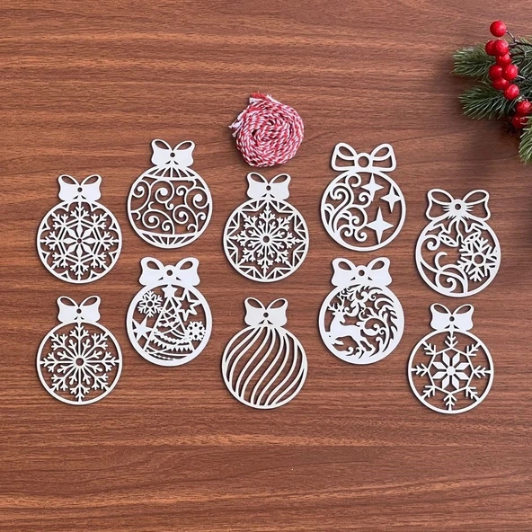 10 Parça Kırmızı Beyaz İpli Fiyonk Model Ahşap Yılbaşı Ağaç Süsü (5365) ürün görseli